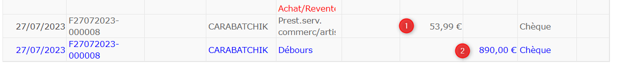 extrait du journal des recettes avec débours. 