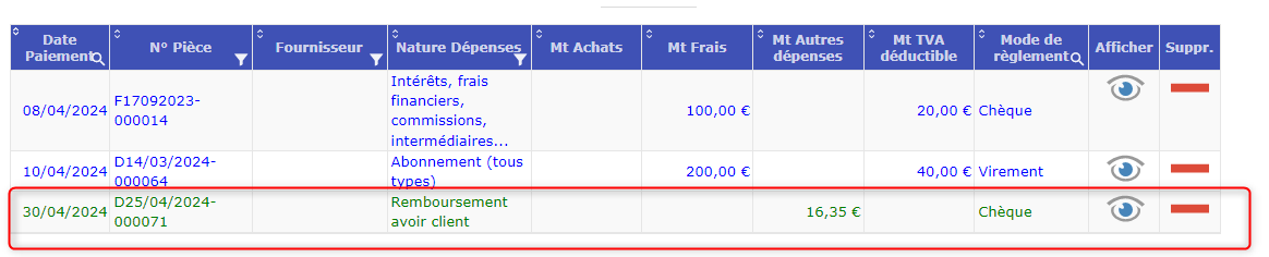 le remboursement automatique d'un client dans le journal des achats/frais