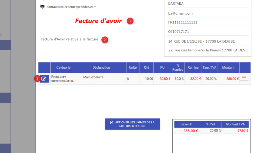 facturation micro-entreprise : avoir sous gesticompta