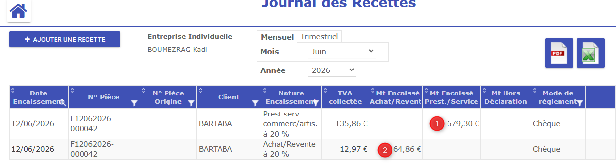 facturation en micro-entreprise, journal des recettes généré.